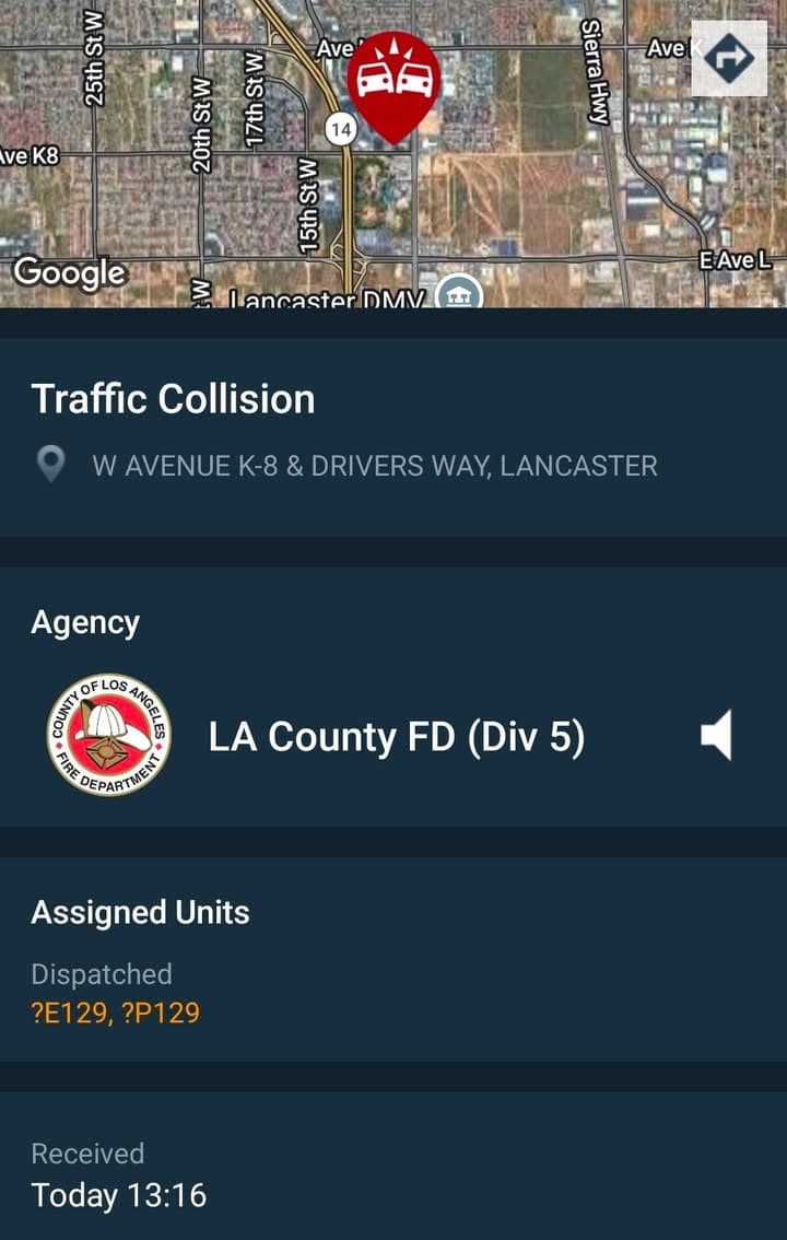 902T/902R....Avenue K-8 and drivers way....two vehicle collsion....sheriff and FD enroute code 3...
