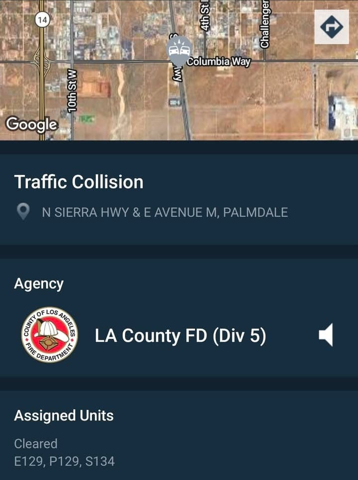 902T/902R....Sierra Highway and Avenue M....two vehicle collision, one vehicle has a two...