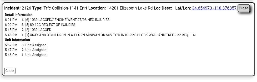 11-79....Elizabeth Lake Road and Firtree....van vs block wall....CHP and FD enroute code...
