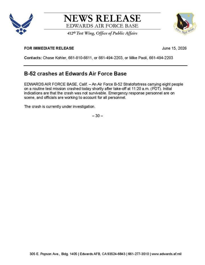 ‼️ Official release regarding today's B-52 crash at Edwards. Our thoughts and...