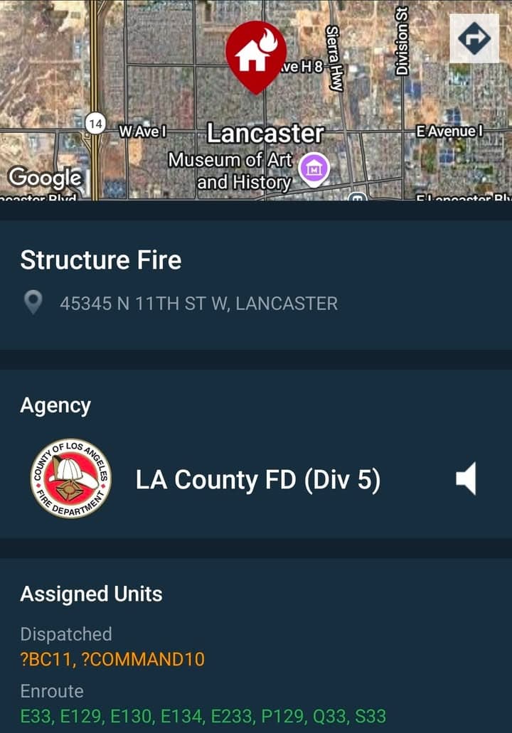 904S....11th Street West and Avenue H-12....reported structure fire....sheriff and FD enroute code...