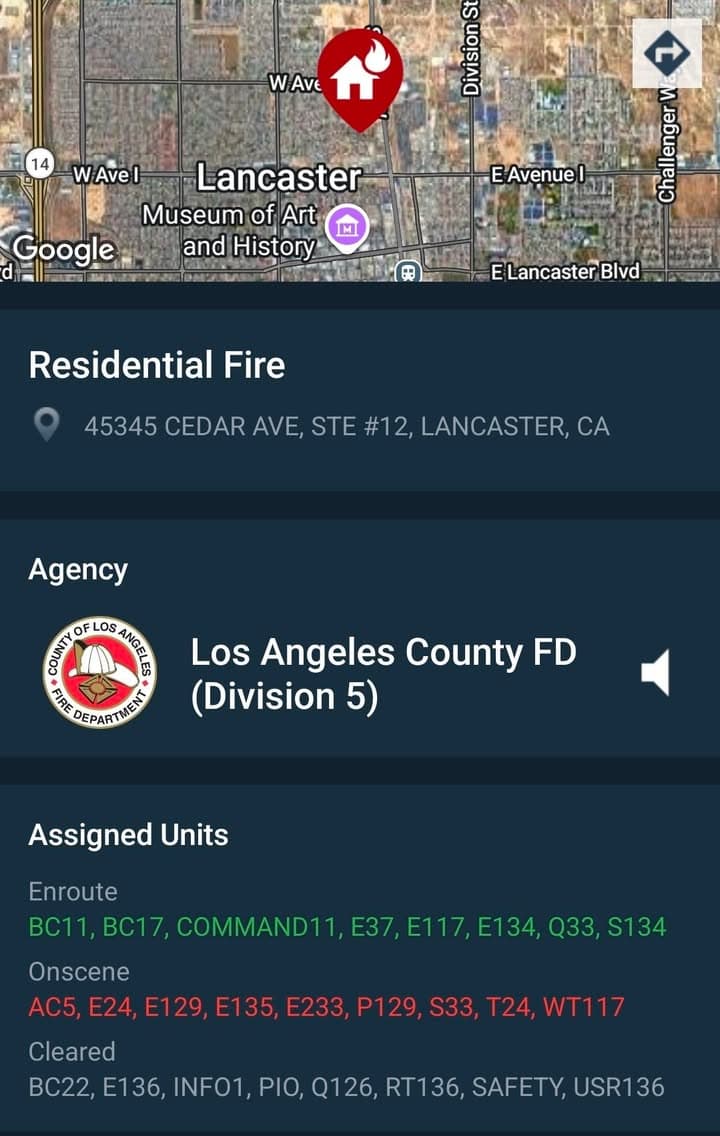 904S....Cedar Avenue and Avenue H-13....apartment on fire....sheriff and FD enroute code 3...