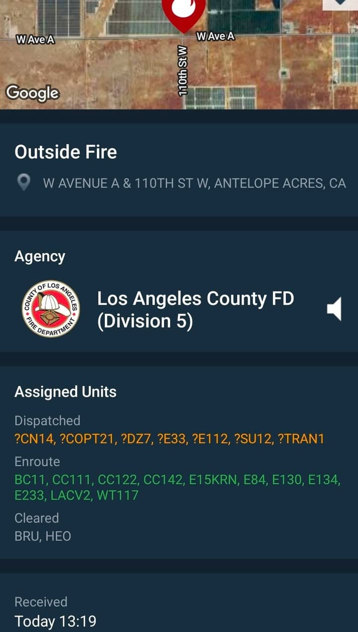 Outside Fire โ Antelope Acres ๐ W Avenue A & 110th St...