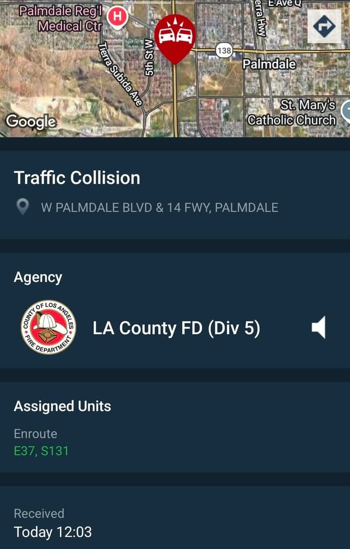 902T/902R....Palmdale Boulevard between Division Street and 14 Fwy....two vehicle collision....sheriff and FD...