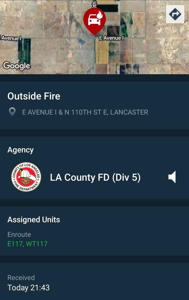 Reported vehicle fire....Avenue I and 110th Street East....FD enroute code 3
