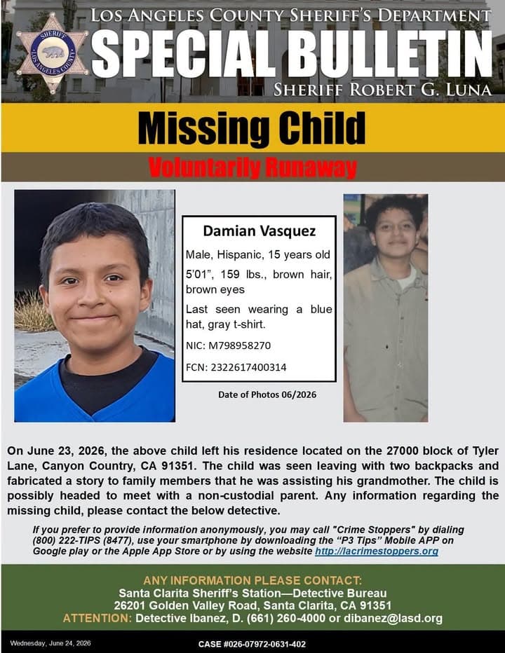 SCV Sheriff’s asks for the public’s help locating missing child Damian Vasquez....