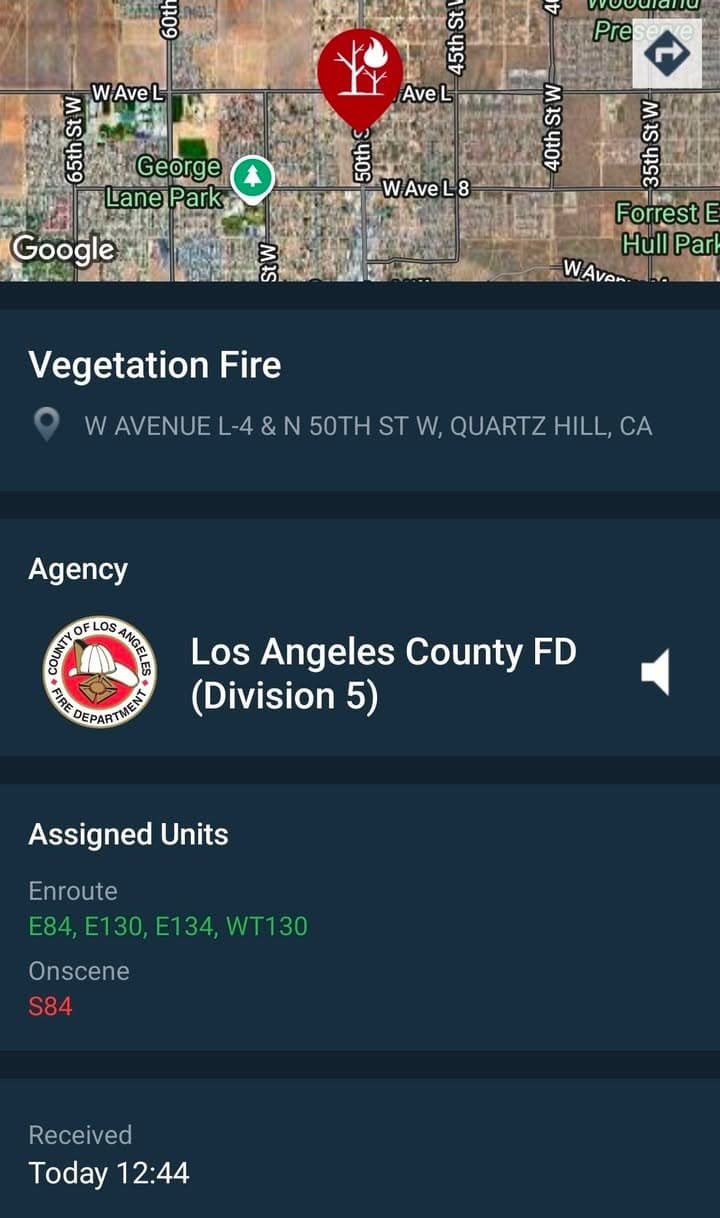 Vegetation fire.....50th Street West and Avenue L-4....fire in field....FD enroute code 3...