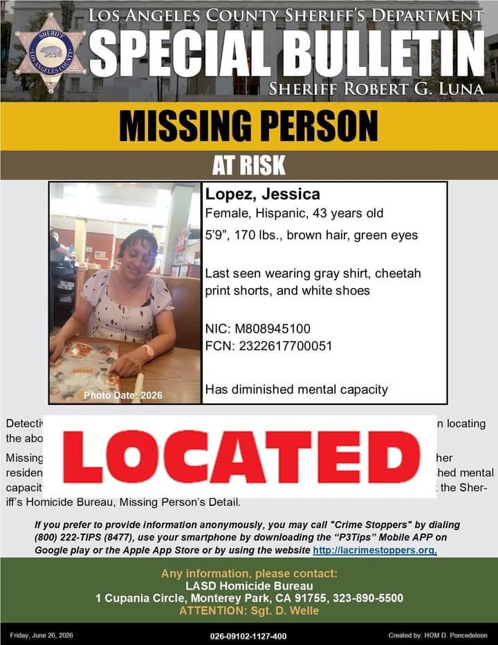 #LASD is Advising At-Risk Missing Person, Jessica Lopez, Has Been Located Los...