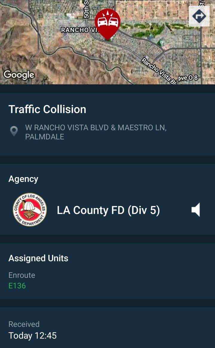 Possible 902T....Rancho Vista Blvd and Maestro Ln....iPhone crash notification....sheriff and FD enroute...