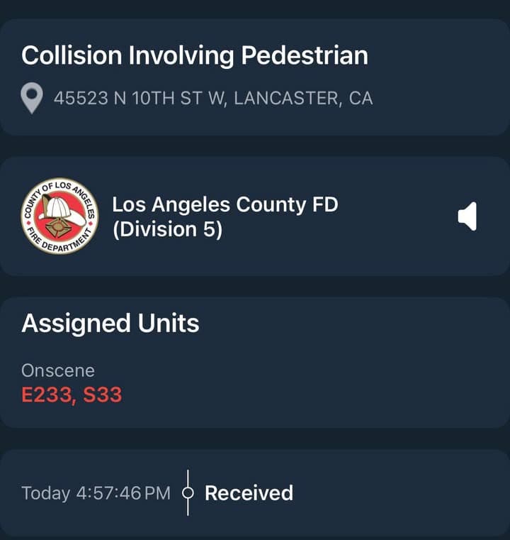 902T/902R…45523 10th Street West…vehicle vs pedestrian…Sheriff and FD enroute code 3 UPDATE:...