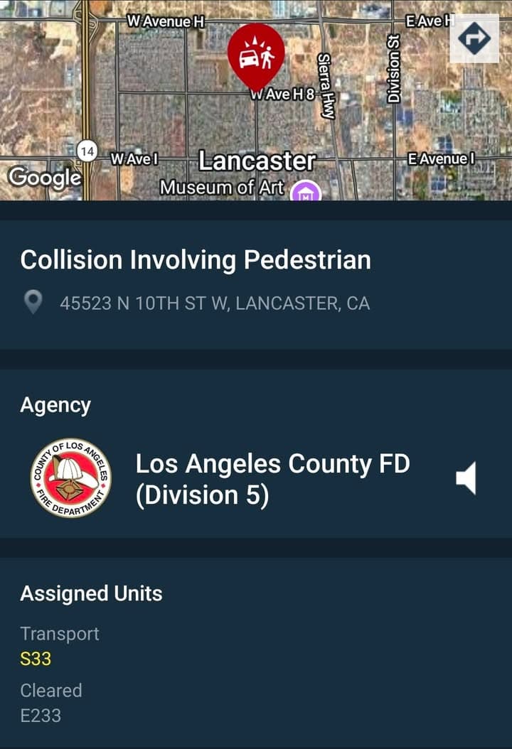 902T/902R....10th Street West and Avenue H-8....vehicle vs pedestrian.....sheriff and FD enroute code...