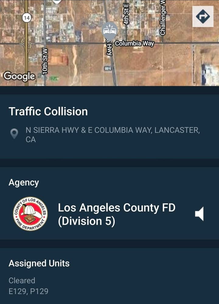 902T/902R....Sierra Highway and Avenue M.....three vehicle collision....sheriff and FD enroute code 3...