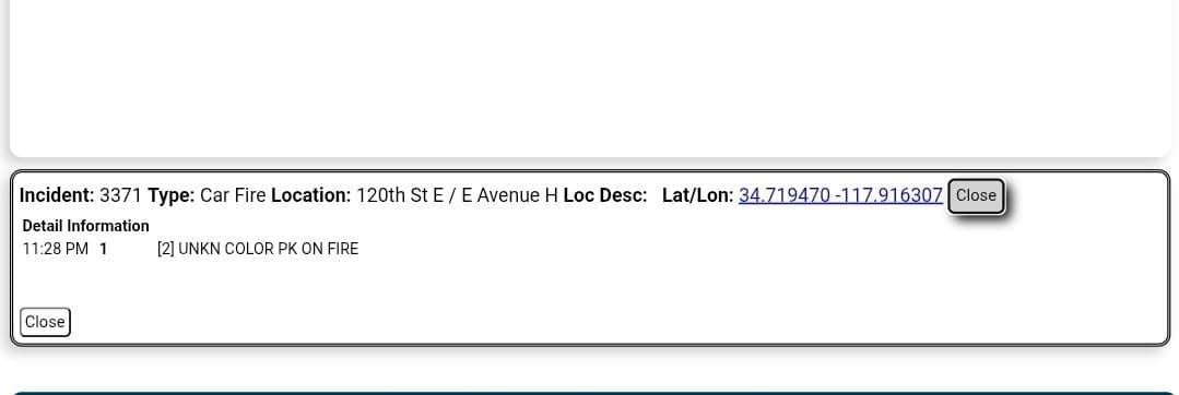 Car fire....120th Street East and Avenue H....unknown color pickup truck on fire....CHP...