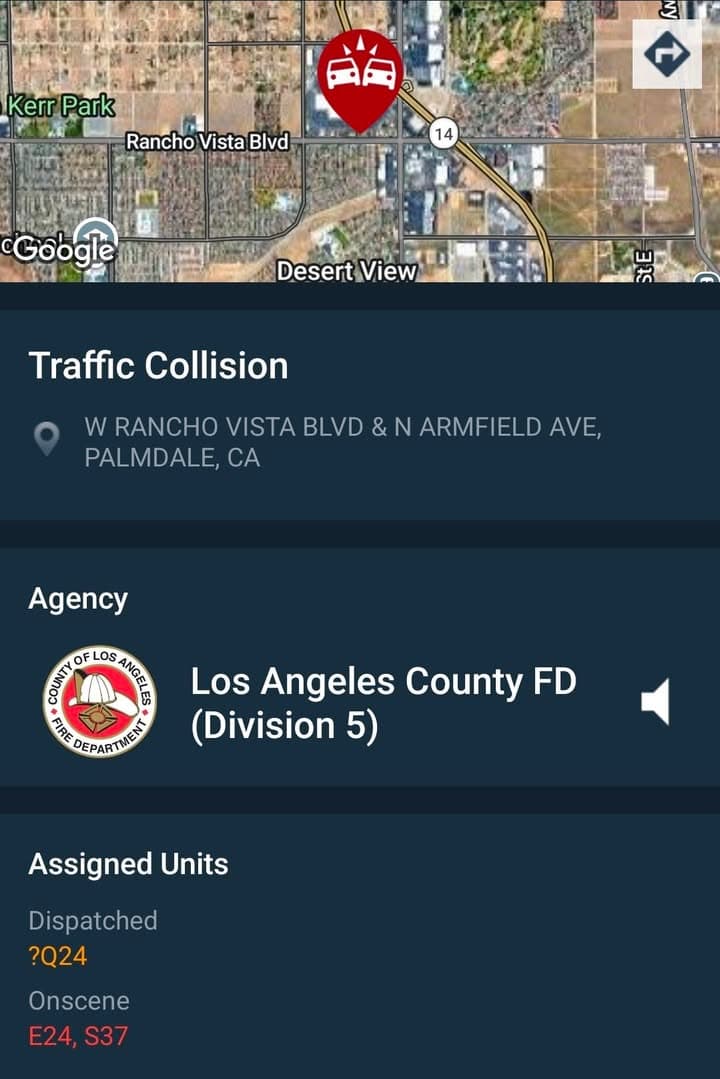 902T/902R....Rancho Vista and Armfield....two vehicle collision by Denny's....sheriff and FD enroute code...