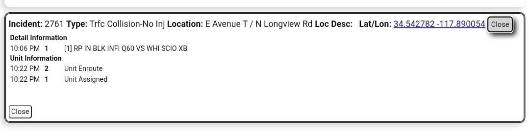 ****CONFIRMED FATALITY**** 11-82....Avenue T and Longview Road....black Infiniti Q60 vs white Scion....CHP...