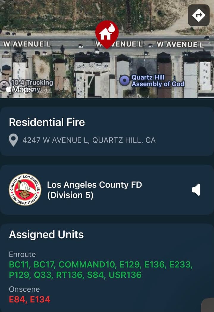 904S…4247 W. Avenue L…reported apartment house fire…Sheriff and FD enroute code 3...