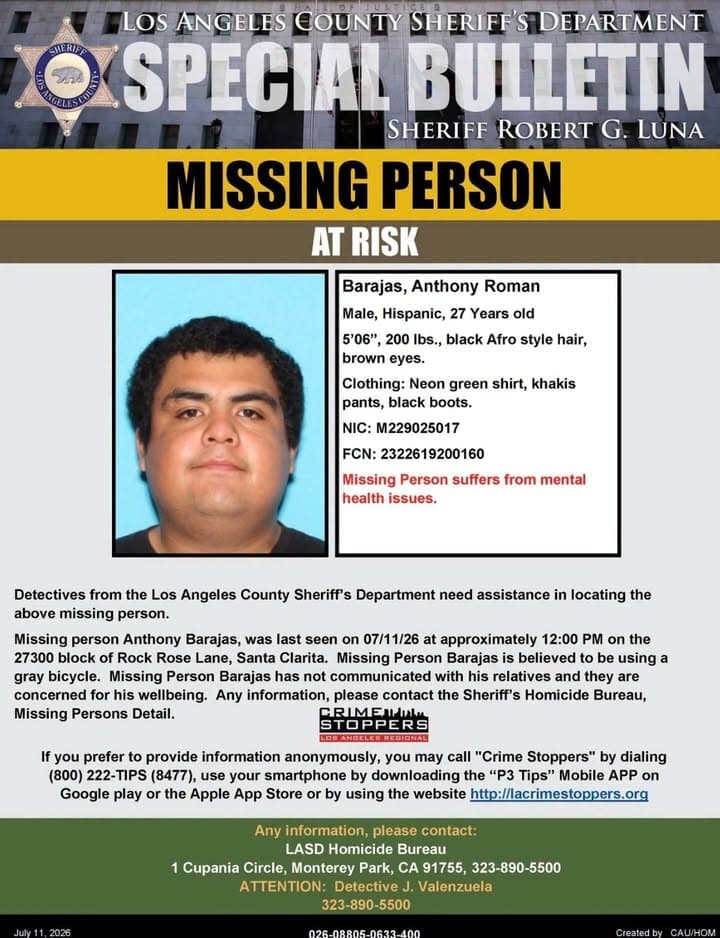 #LASD is Asking for the Public’s Help Locating Missing Person Anthony Roman...
