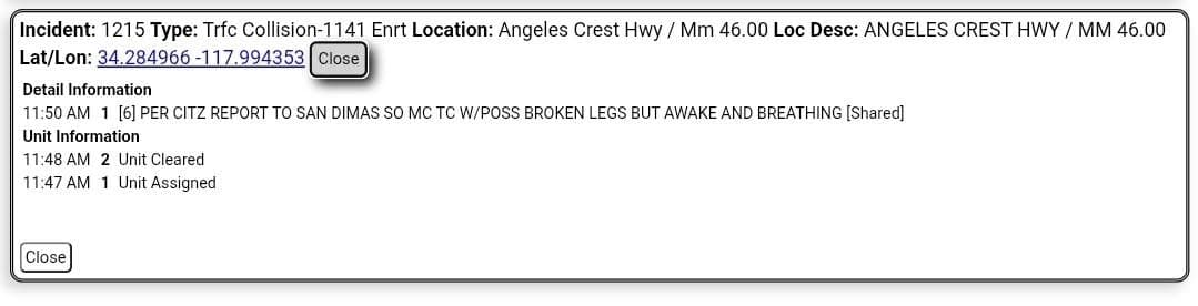 11-79....Angeles Crest Hwy at mile marker 46.00....motorcycle flew off side of mountain....CHP,...