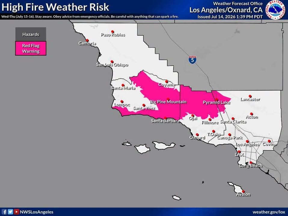 High Fire Weather Risk Wednesday through Thursday. Stay alert. Listen to advice...