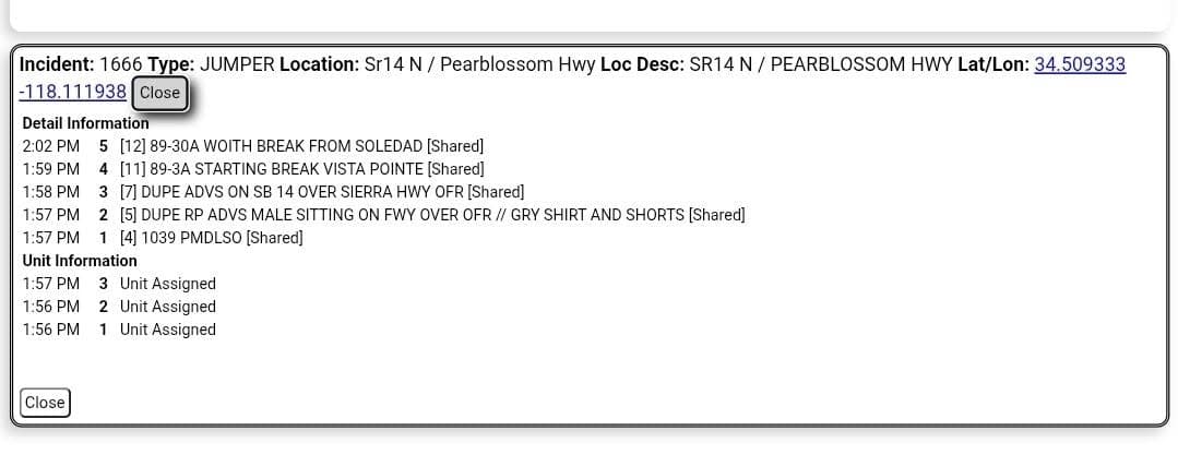 Possible Jumper....14 Fwy at Pearblossom....multiple callers advise male wearing gray shirt and...