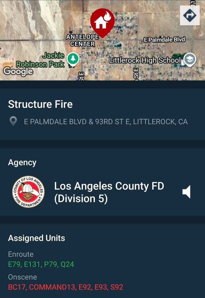 904S....90th Street East and Palmdale Boulevard....caller reports house on fire....sheriff and FD...