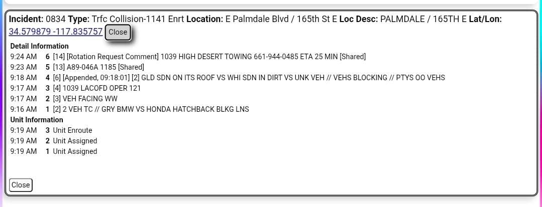 11-79....165th Street East and Palmdale Boulevard....two vehicle collision, one overturned on roof....CHP...