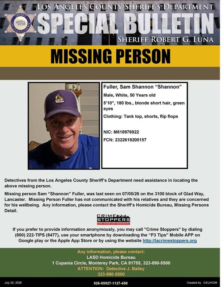 #LASD is Asking for the Public’s Help Locating Missing Person, Sam Shannon "Shannon" Fuller #Lancaster
