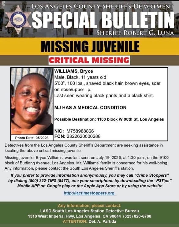 #LASD is Asking for the Public's Help Locating Critical Missing Juvenile, Bryce Williams #LosAngeles