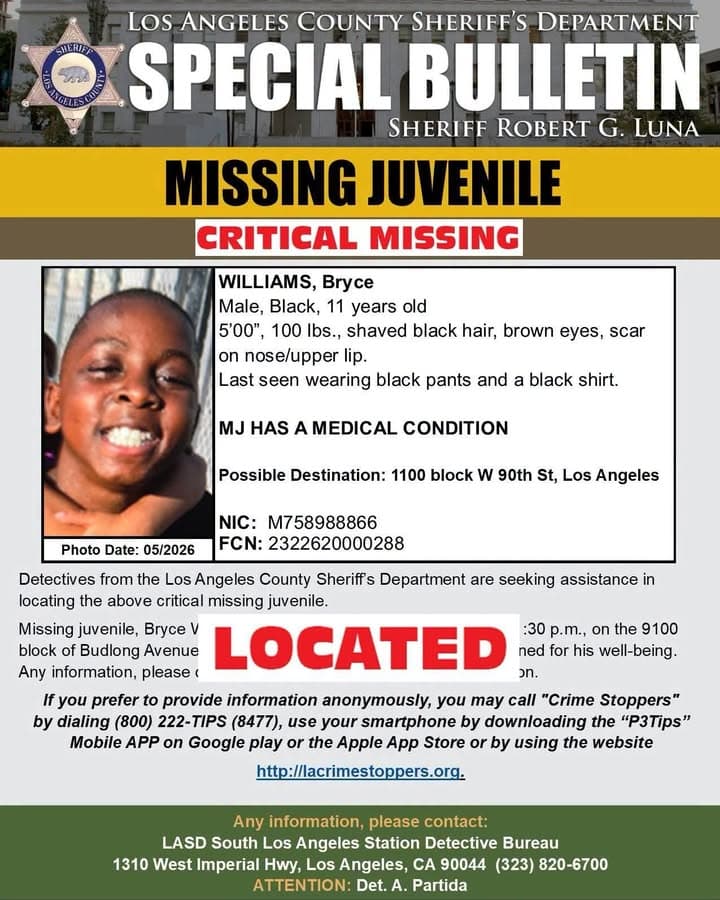 Los Angeles County Sheriff's Department South Los Angeles Station is advising Bryce...