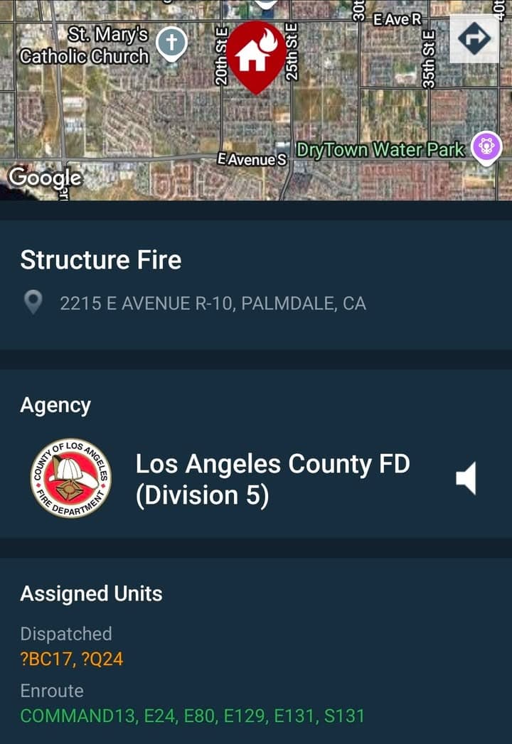 904S....22nd Street East and Avenue R-10....shed on fire....sheriff and FD enroute code...