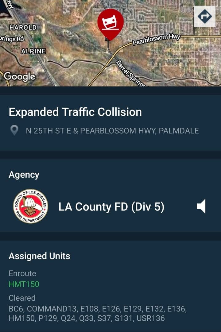 902T/902R....25th Street East and Pearblossom Highway....Lexus sedan vs trailer, Lexus driver trapped...