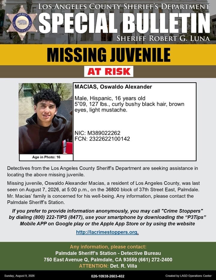 #LASD is Asking for the Public's Help Locating At-Risk Missing Juvenile, Oswaldo...