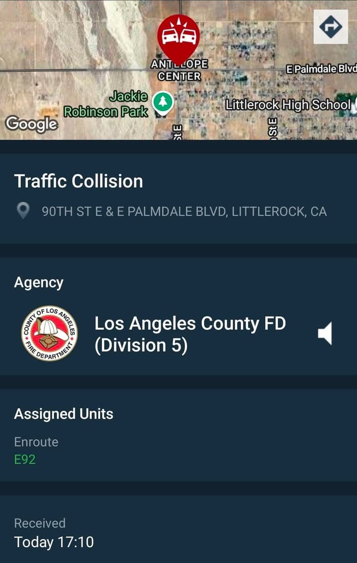 11-79....90th Street East and Palmdale Boulevard....two vehicle collision....CHP and FD enroute code...