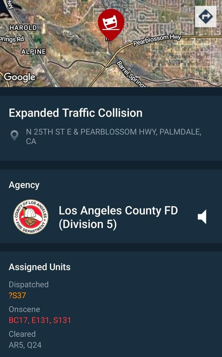 CONFIRMED FATALITY 902T/902R/914C....Pearblossom Highway and 25th Street East....two vehicle collision, one party...