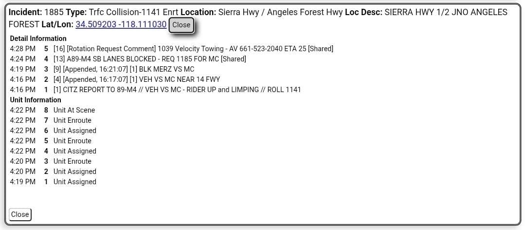 11-79....Sierra Highway and Angeles Forest.....CHP officer flagged down for a vehicle vs...