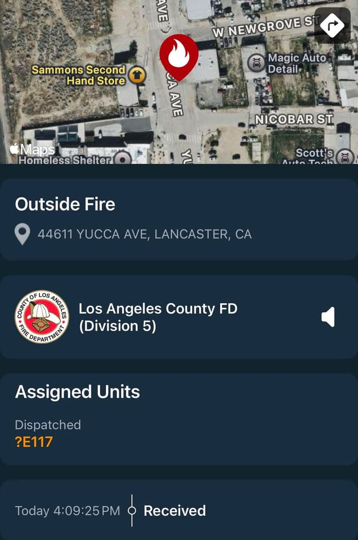 904…44611 Yucca Avenue…outdoor fire…Sheriff and FD enroute code 3 UPDATE: E135 on...