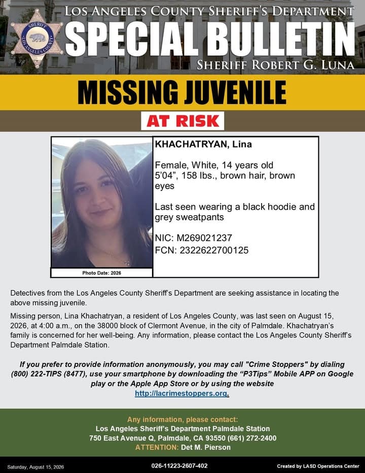#LASD is Asking for the Public's Help Locating At-Risk Missing Juvenile, Lina...