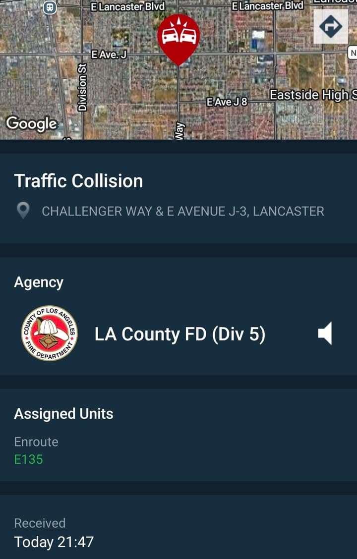 902T/902R....Challenger Way and Avenue J-3....traffic collision with injuries reported....sheriff and FD enroute...