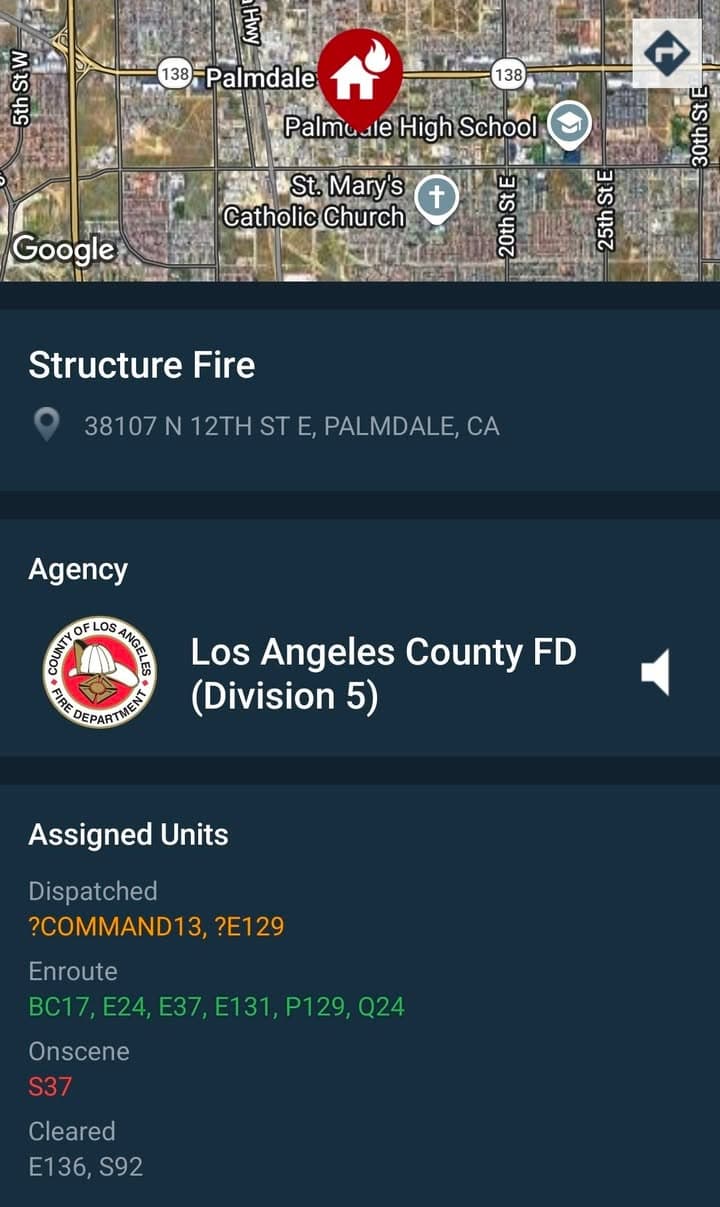 904S....12th Street East and Avenue Q-13....structure fire.....sheriff and FD enroute code 3...