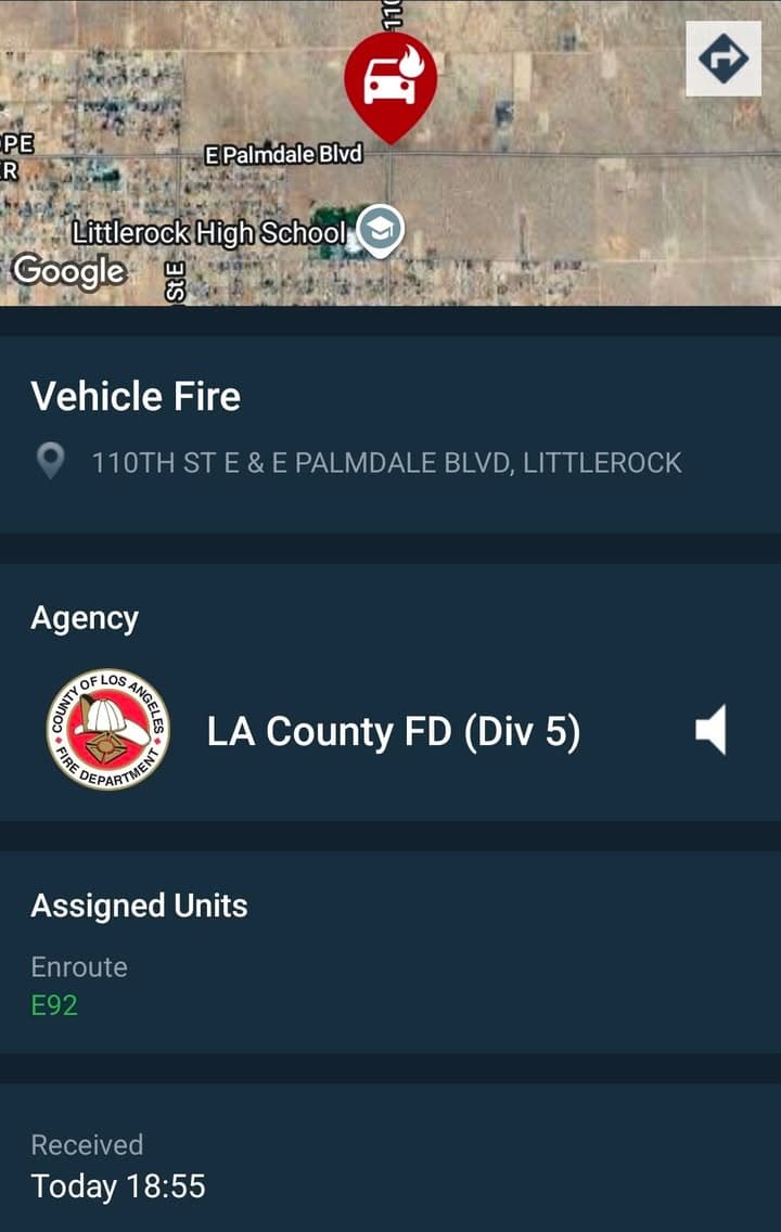 904A....90th Street East and Palmdale Boulevard....vehicle on fire....sheriff and FD enroute code...
