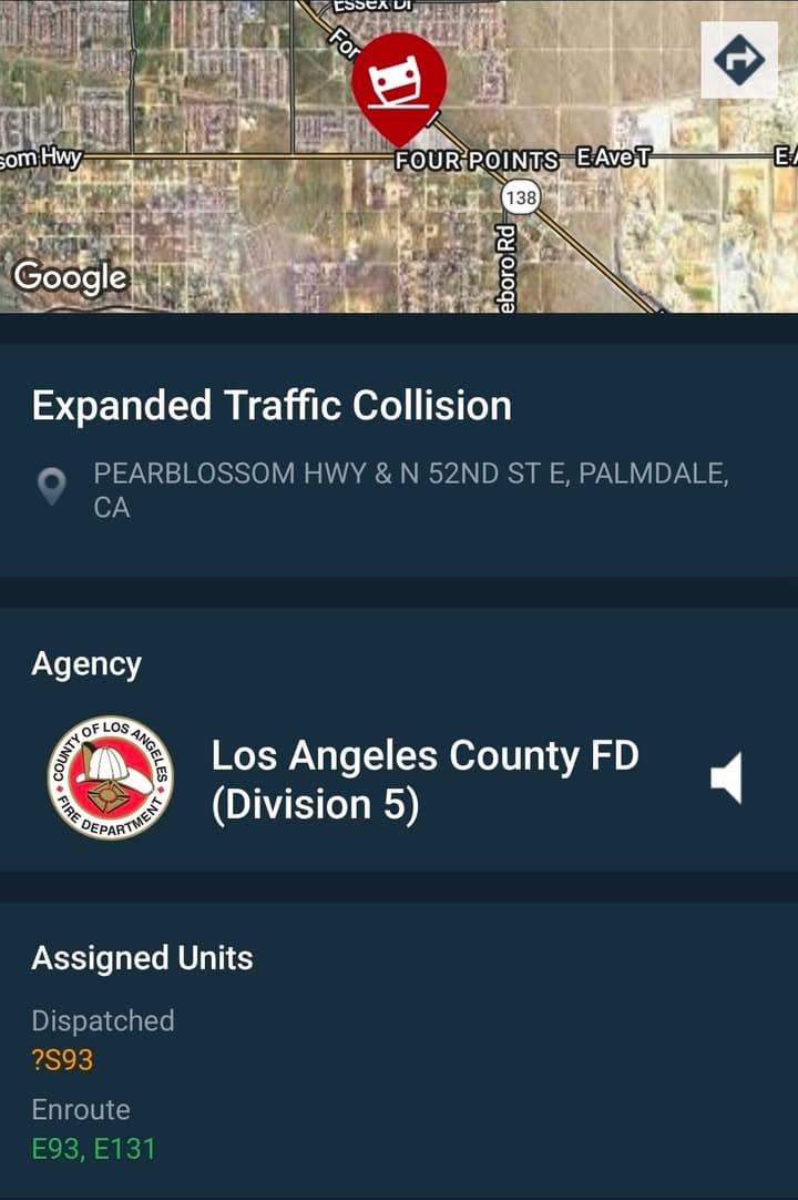 902T/902R....52nd Street East and Pearblossom Highway....two vehicle collision with possible fire....sheriff and...