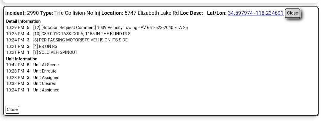 11-82....Elizabeth Lake Road east of Godde Hill....solo vehicle spin out, vehicle on...