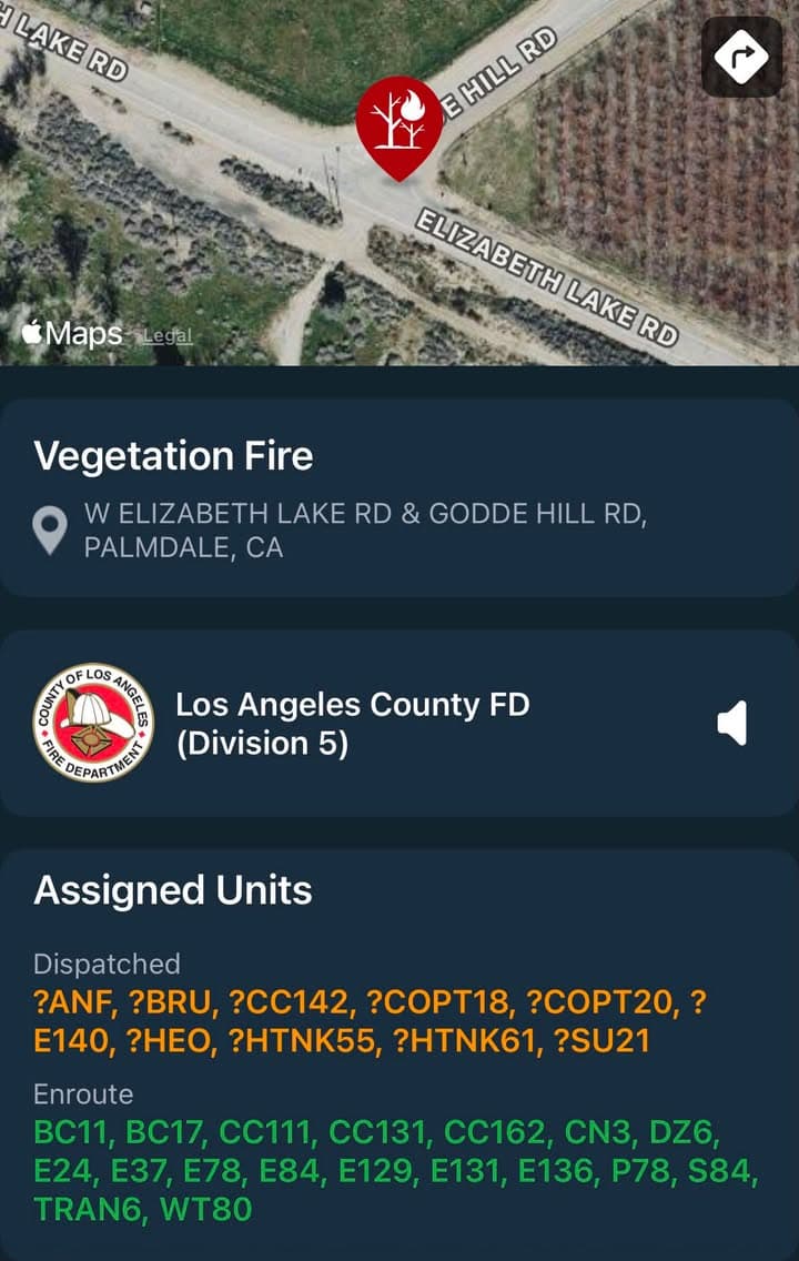 904B…Elizabeth Lake Rd and Godde Hill Rd…reported brush fire…Sheriff and FD enroute...