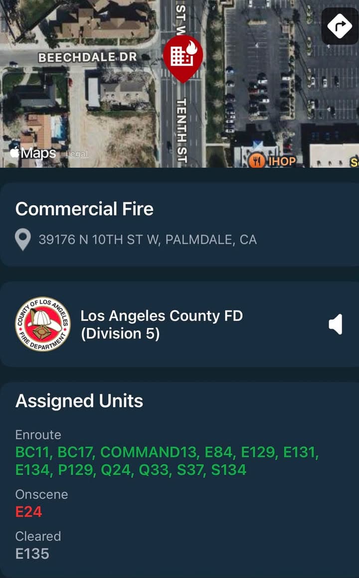 904S…39176 10th Street West (IHOP)…reported structure fire…Sheriff and FD enroute code 3...