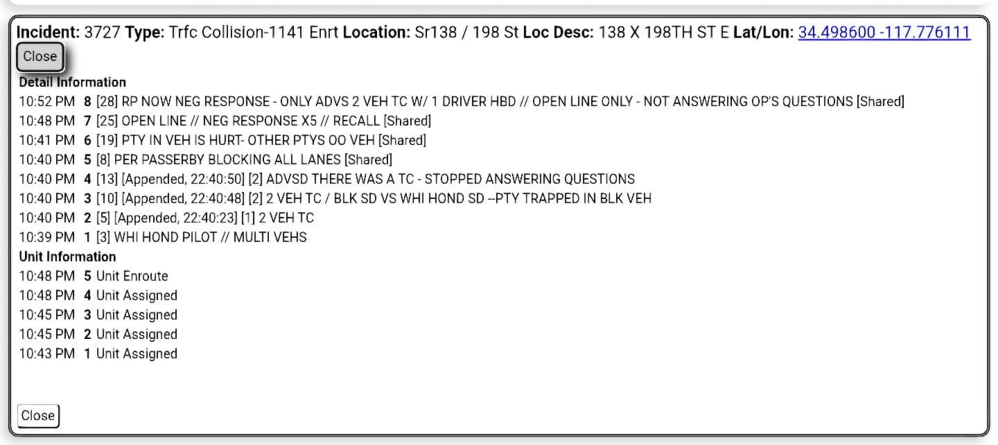 11-79....Pearblossom Highway and 198th Street East....reported multi vehicle collision, one party possibly...