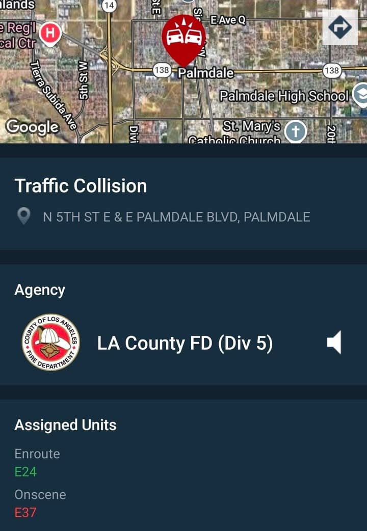 902T/902R....5th Street East and Palmdale Boulevard....two vehicle collision....sheriff and FD enroute code...