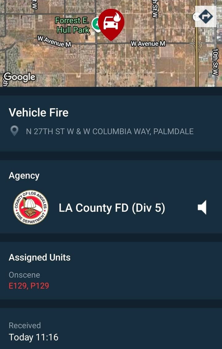 904A....27th Street West and Avenue M....vehicle on fire....sheriff and FD enroute code...