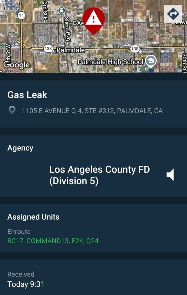 GAS LEAK REPORTED IN PALMDALE