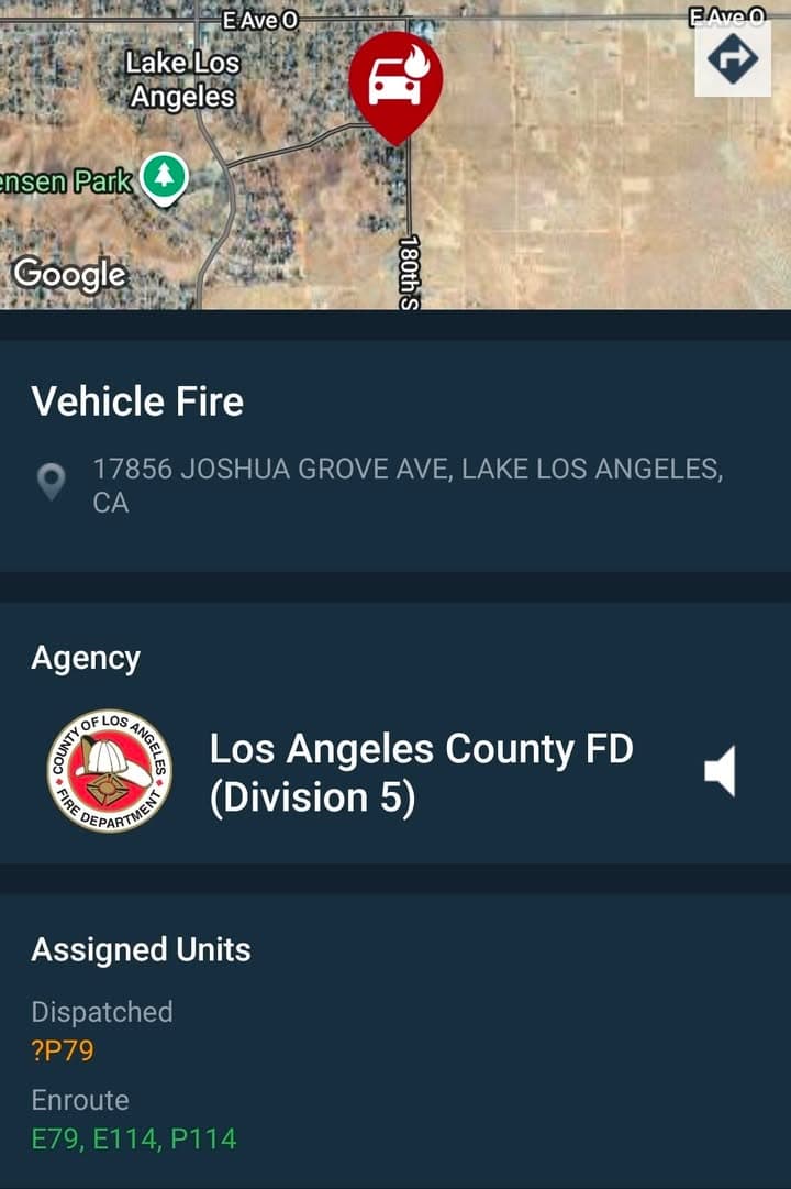 904A · 179th Street East and Big Lake Avenue (Joshua Grove Ave) · vehicle on fire · sheriff and FD enroute code 3