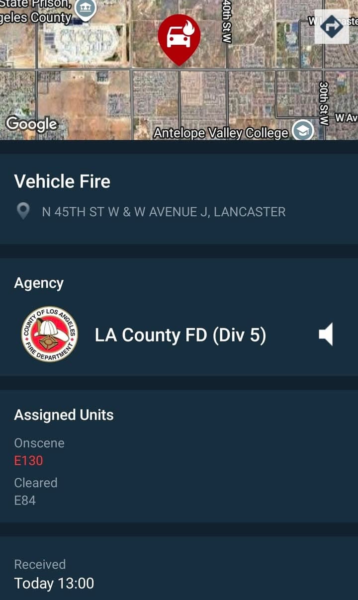 904A · 45th Street West and Avenue J · vehicle on fire · sheriff and FD enroute code 3